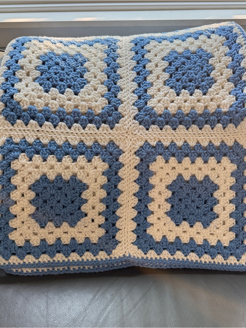 VTG Granny Square Handmade Afghan Bkue WhiteThrow Boho Cottage 48x60